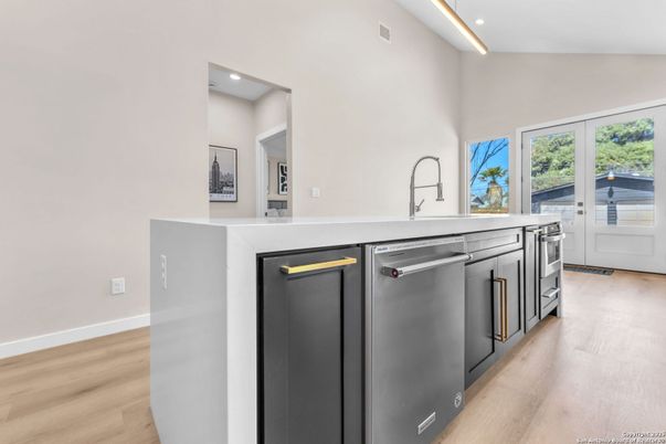 Interior, Kitchen, Recessed Lighting, Stainless Steel Appliances, Wood Texture Flooring