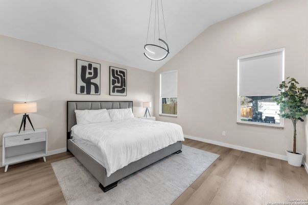 Bedroom, Interior, Pendant Lights, Wood Texture Flooring