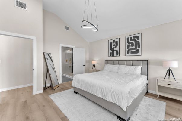 Bedroom, Interior, Pendant Lights, Wood Texture Flooring
