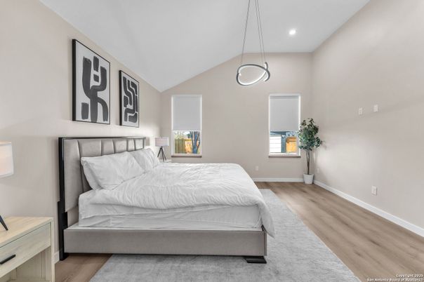 Bedroom, Interior, Pendant Lights, Recessed Lighting, Wood Texture Flooring