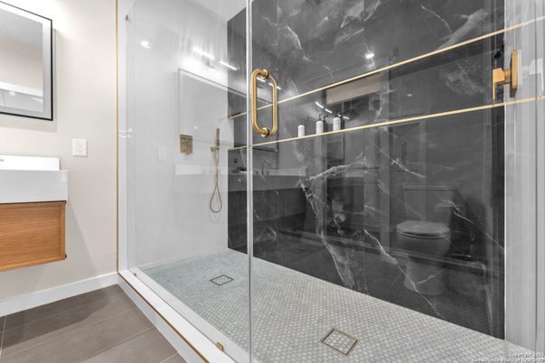 Bathroom, Glass Shower, Interior, Marble Walls, Recessed Lighting