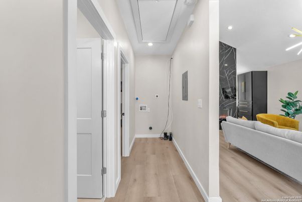Interior, Marble Walls, Recessed Lighting, Wood Texture Flooring