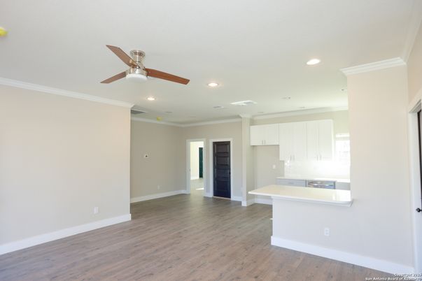 Empty room, Interior, Kitchen, Recessed Lighting, Wood Texture Flooring