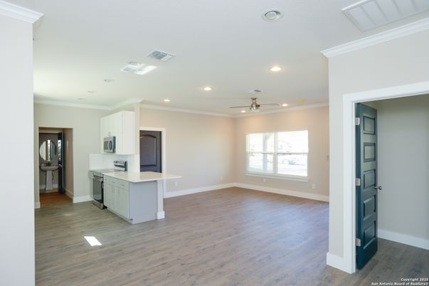 Empty room, Interior, Kitchen, Recessed Lighting, Wood Texture Flooring