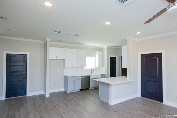 Interior, Kitchen, Recessed Lighting, Wood Texture Flooring
