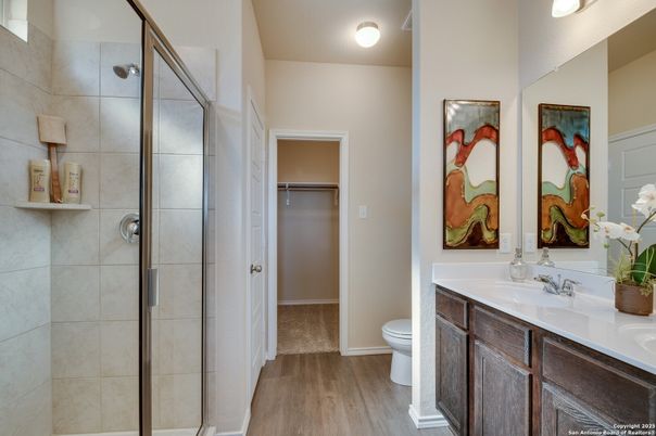 Bathroom, Glass Shower, Interior, Wood Texture Flooring