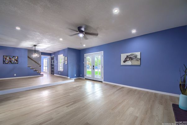 Empty room, Interior, Pendant Lights, Recessed Lighting, Wood Texture Flooring