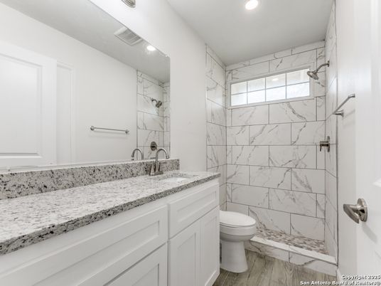 Bathroom, Interior, Marble Walls, Recessed Lighting, Wood Texture Flooring