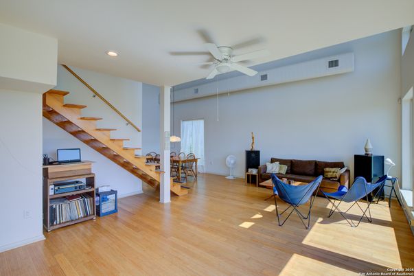 Dining room, Interior, Living room, Recessed Lighting, Wood Texture Flooring