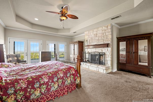 Bedroom, Fireplace, Interior, Recessed Lighting, Stone Walls