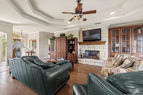 Fireplace, Interior, Living room, Recessed Lighting, Wood Texture Flooring