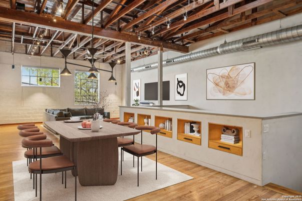 Dining room, Interior, Pendant Lights, Wooden Beams, Wood Texture Flooring