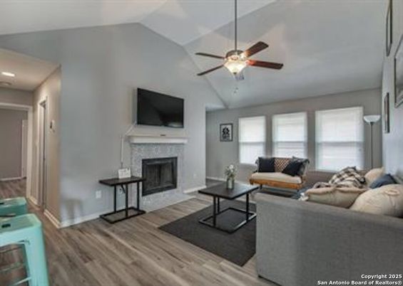 Fireplace, Interior, Living room, Recessed Lighting, Water, Wood Texture Flooring