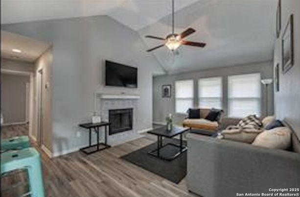 Fireplace, Interior, Living room, Recessed Lighting, Wood Texture Flooring