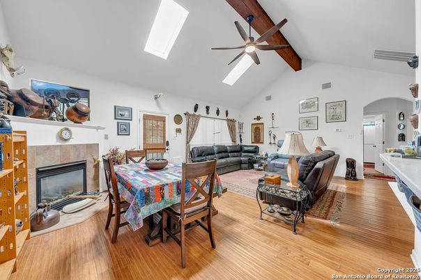 Dining room, Fireplace, Interior, Living room, Wooden Beams, Wood Texture Flooring