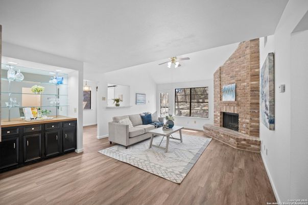 Fireplace, Interior, Living room, Stone Walls, Wood Texture Flooring