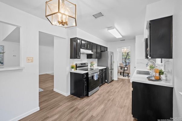 Interior, Kitchen, Pendant Lights, Wood Texture Flooring