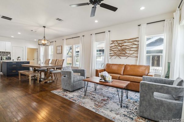 Dining room, Interior, Living room, Pendant Lights, Recessed Lighting, Wood Texture Flooring