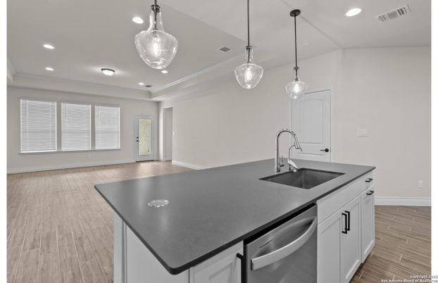 Interior, Kitchen, Pendant Lights, Recessed Lighting, Wood Texture Flooring