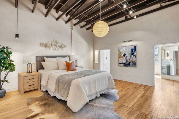 Bedroom, Interior, Pendant Lights, Wooden Beams, Wooden Ceilings, Wood Texture Flooring
