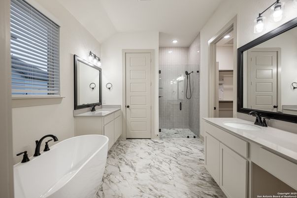 Bathroom, Dual Sink Vanities, Free Standing Baths, Glass Shower, Interior, Marble, Recessed Lighting
