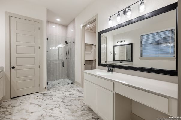 Bathroom, Dual Sink Vanities, Glass Shower, Interior, Marble, Recessed Lighting
