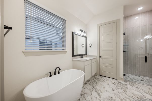 Bathroom, Dual Sink Vanities, Free Standing Baths, Glass Shower, Interior, Marble, Recessed Lighting