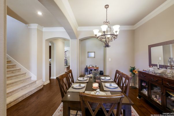 Chandelier, Dining room, Interior, Recessed Lighting, Wood Texture Flooring