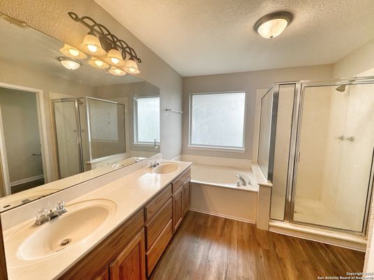 Bathroom, Dual Sink Vanities, Glass Shower, Interior, Wood Texture Flooring