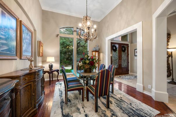 Chandelier, Dining room, Interior, Wood Texture Flooring