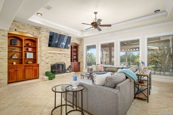 Fireplace, Interior, Living room, Recessed Lighting, Stone Walls