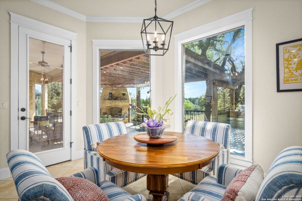 Dining room, Fireplace, Interior, Pendant Lights