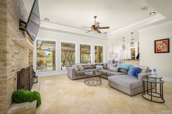 Fireplace, Interior, Living room, Pendant Lights, Recessed Lighting, Stone Walls