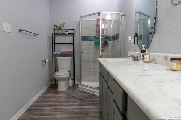 Bathroom, Glass Shower, Interior, Wood Texture Flooring