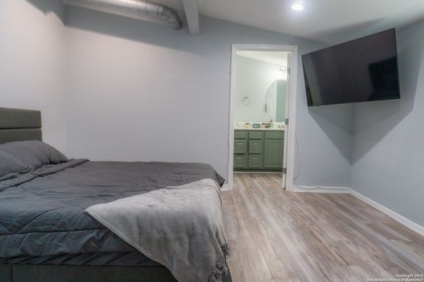 Bedroom, Interior, Recessed Lighting, Wood Texture Flooring