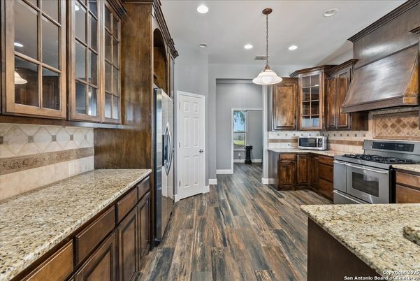 Interior, Kitchen, Pendant Lights, Recessed Lighting, Stainless Steel Appliances, Wood Texture Flooring
