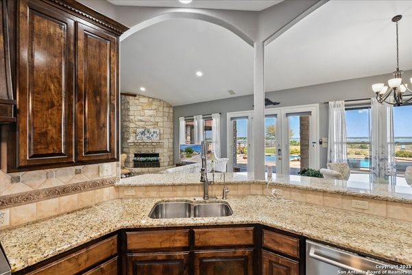 Fireplace, Interior, Recessed Lighting, Stone Walls