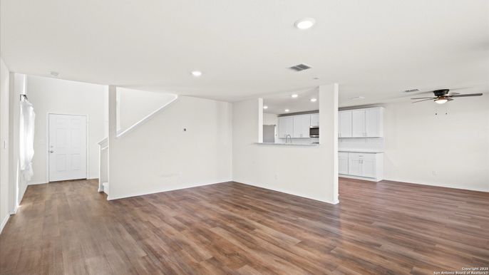 Empty room, Interior, Kitchen, Recessed Lighting, Wood Texture Flooring