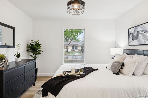 Bedroom, Chandelier, Interior, Wood Texture Flooring