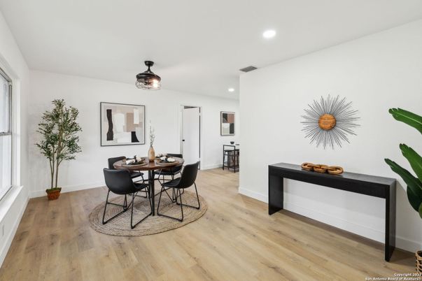 Dining room, Interior, Recessed Lighting, Wood Texture Flooring