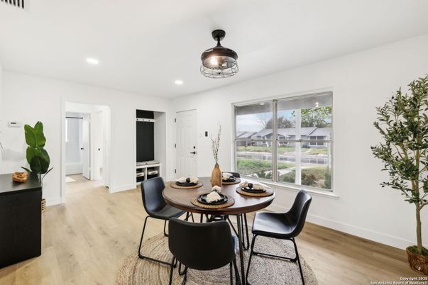 Dining room, Interior, Recessed Lighting, Wood Texture Flooring