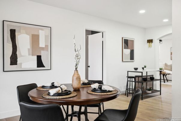 Dining room, Interior, Recessed Lighting, Wood Texture Flooring