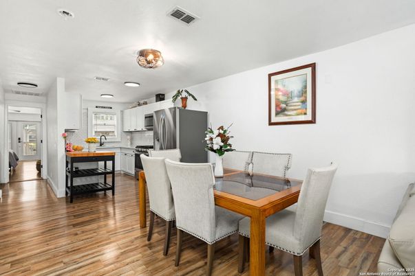 Dining room, Interior, Kitchen, Stainless Steel Appliances, Wood Texture Flooring