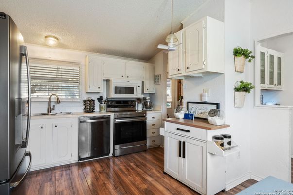 Interior, Kitchen, Pendant Lights, Stainless Steel Appliances, Wood Texture Flooring