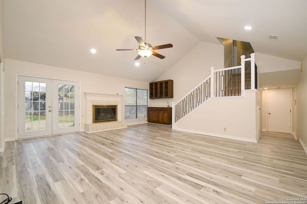 Empty room, Fireplace, Interior, Recessed Lighting, Wood Texture Flooring