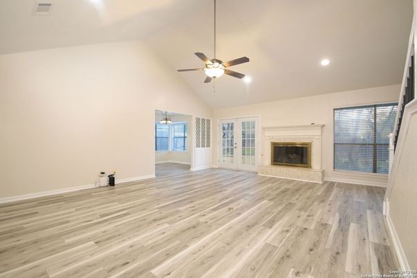 Empty room, Fireplace, Interior, Recessed Lighting, Wood Texture Flooring