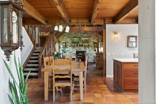Dining room, Fireplace, Interior, Stone Walls, Wooden Beams, Wooden Ceilings