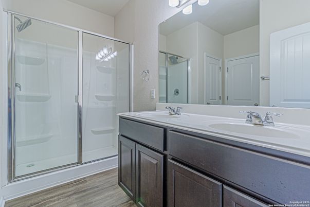 Bathroom, Dual Sink Vanities, Glass Shower, Interior, Wood Texture Flooring
