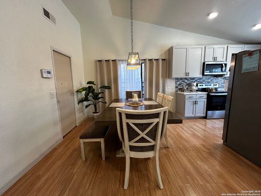 Dining room, Interior, Kitchen, Pendant Lights, Recessed Lighting, Wood Texture Flooring