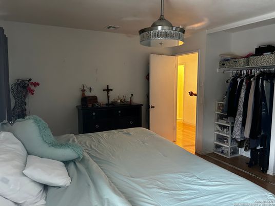 Bedroom, Interior, Pendant Lights, Wood Texture Flooring